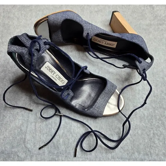 Jimmy Choo Vernie Sandals 6.5 Denim Blue Leather Strappy Wood Block Heel