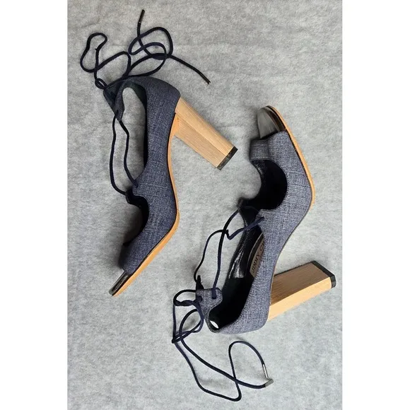 Jimmy Choo Vernie Sandals 6.5 Denim Blue Leather Strappy Wood Block Heel