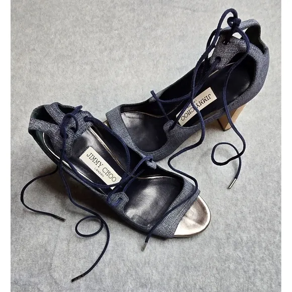 Jimmy Choo Vernie Sandals 6.5 Denim Blue Leather Strappy Wood Block Heel
