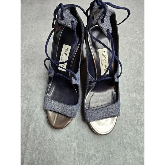 Jimmy Choo Vernie Sandals 6.5 Denim Blue Leather Strappy Wood Block Heel