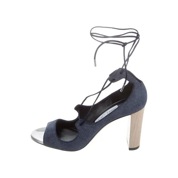 Jimmy Choo Vernie Sandals 6.5 Denim Blue Leather Strappy Wood Block Heel