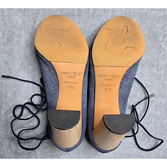 Jimmy Choo Vernie Sandals 6.5 Denim Blue Leather Strappy Wood Block Heel