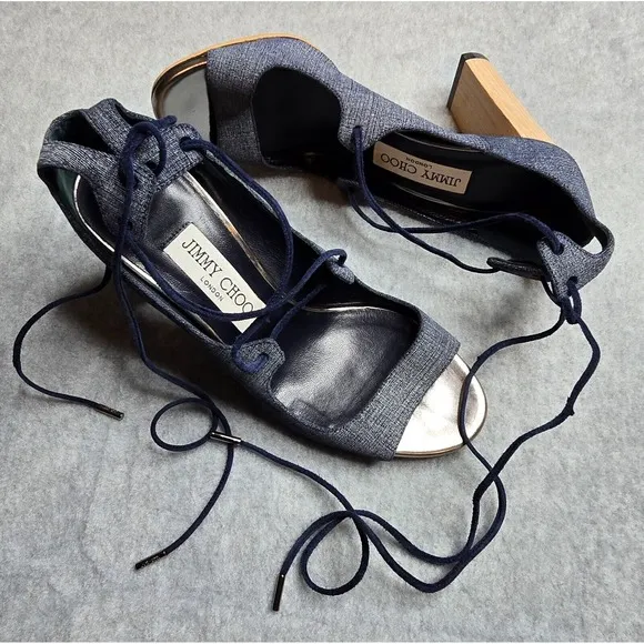 Jimmy Choo Vernie Sandals 6.5 Denim Blue Leather Strappy Wood Block Heel