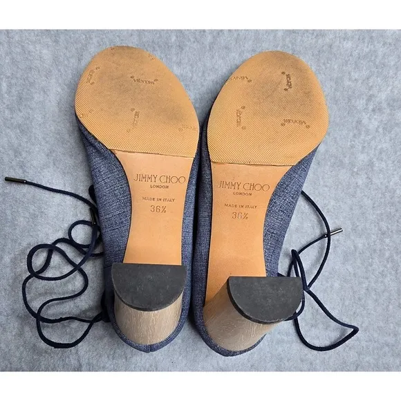 Jimmy Choo Vernie Sandals 6.5 Denim Blue Leather Strappy Wood Block Heel
