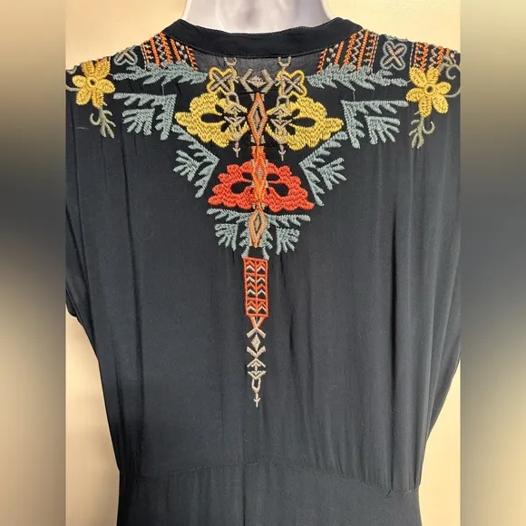 JOHNNY WAS BIYA Maxi Deep Navy Rayon Multicolor Embroidery Short Sleeve Dress