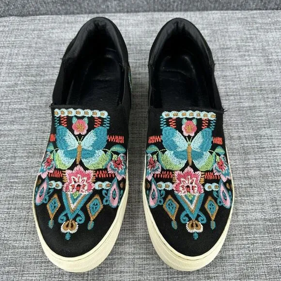 Johnny Was‎ Vinny Butterfly Loafers Womens Sz 9 Black Multi Embroidered Slip On
