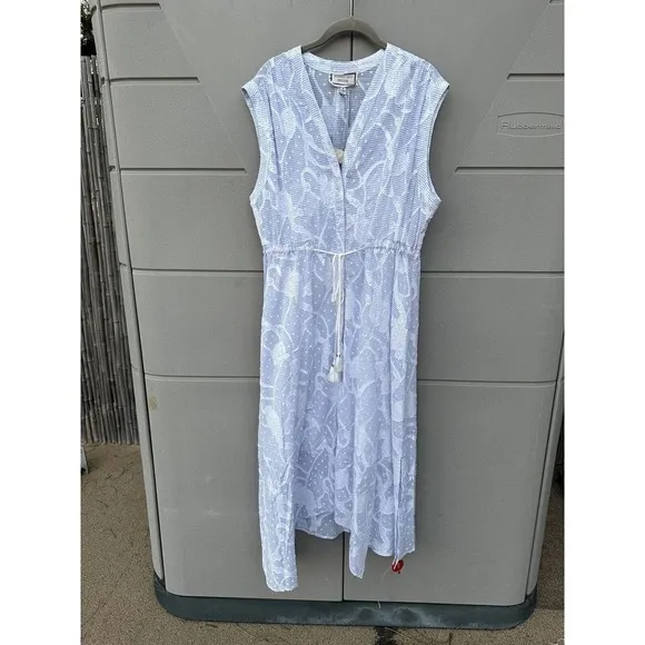 Johnny Was Women’s Flore Seersucker Asymmetrical Embroidered Cotton Dress Sz XL