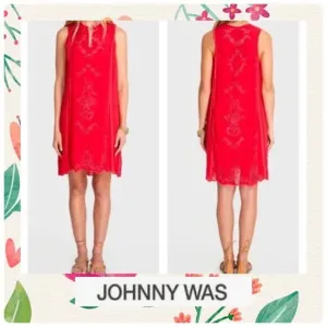 Johnny Was Rhodes Embroidered Sleeveless‎ Shift Dress Scarlet Red Size large MWT