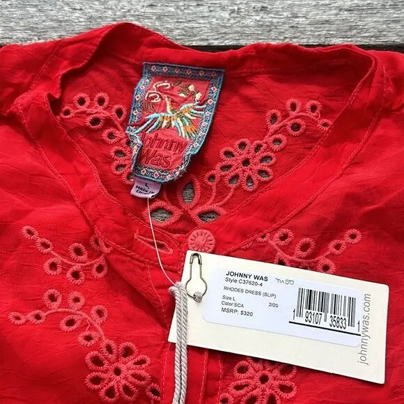 Johnny Was Rhodes Embroidered Sleeveless‎ Shift Dress Scarlet Red Size large MWT