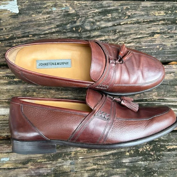 Johnston &amp; Murphy Handcrafted Brown Leather Tassel Slip On Loafers Dress Shoes