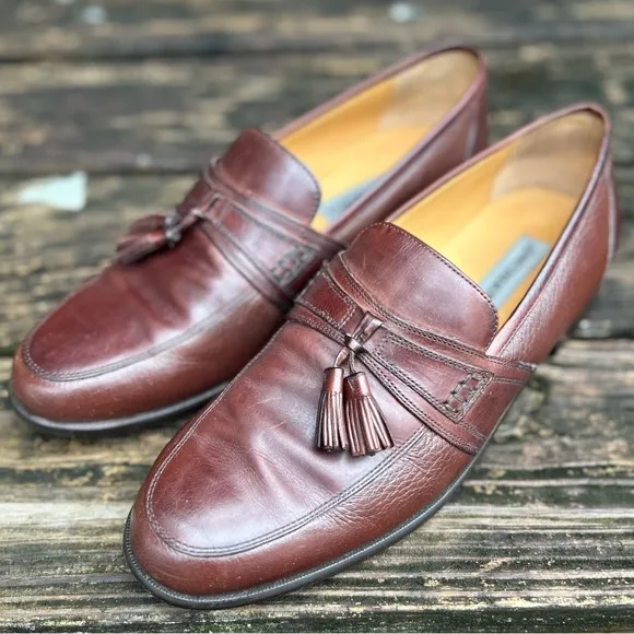 Johnston &amp; Murphy Handcrafted Brown Leather Tassel Slip On Loafers Dress Shoes
