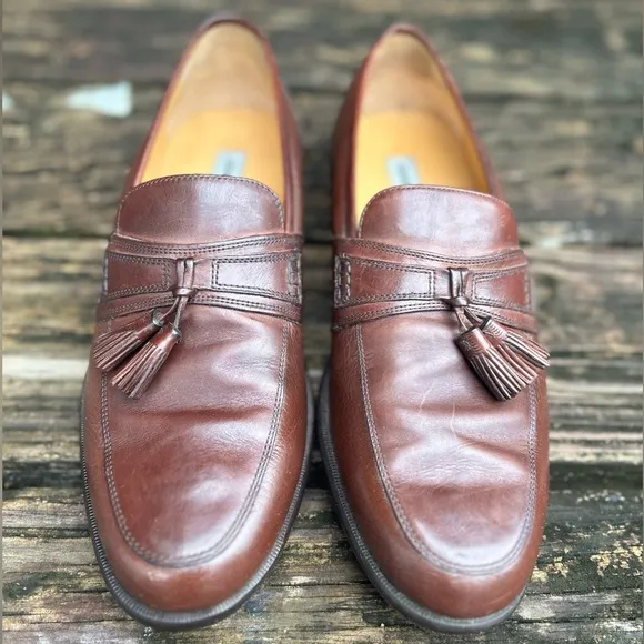Johnston &amp; Murphy Handcrafted Brown Leather Tassel Slip On Loafers Dress Shoes