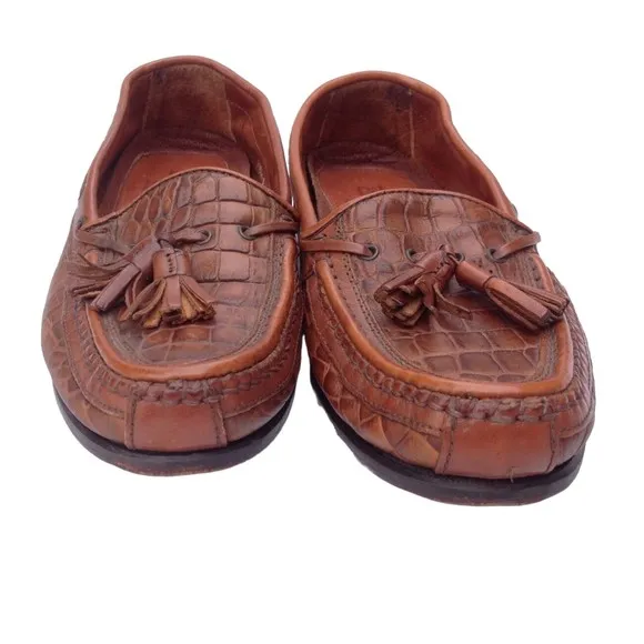 Johnston &amp; Murphy Sz 8.5 Brown Leather Men's Croc Loafers Tassels Italy Slip ons
