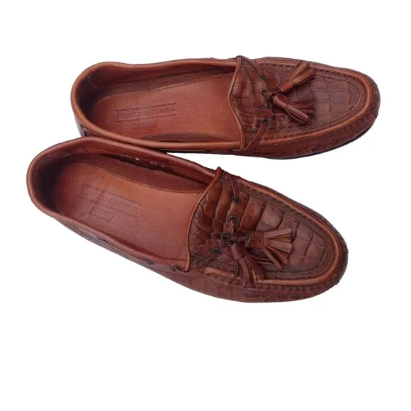 Johnston &amp; Murphy Sz 8.5 Brown Leather Men's Croc Loafers Tassels Italy Slip ons