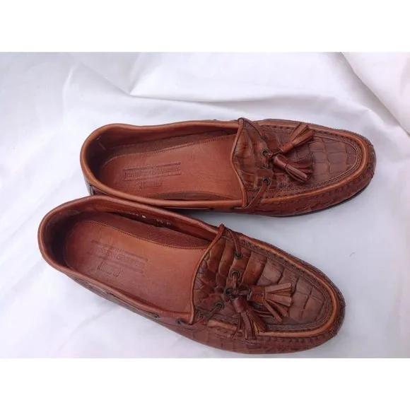 Johnston &amp; Murphy Sz 8.5 Brown Leather Men's Croc Loafers Tassels Italy Slip ons
