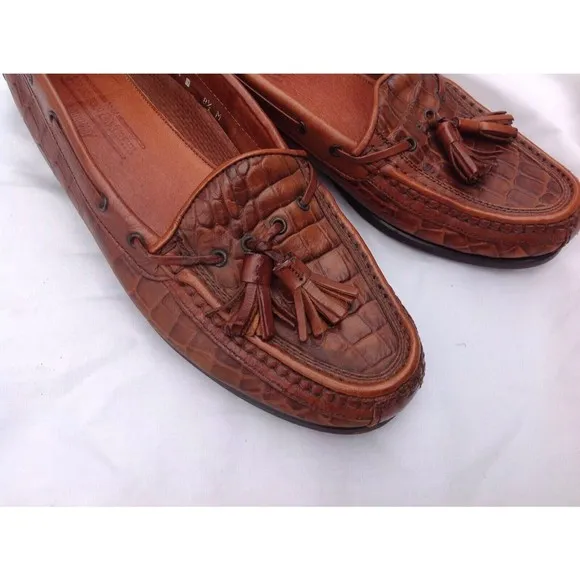 Johnston &amp; Murphy Sz 8.5 Brown Leather Men's Croc Loafers Tassels Italy Slip ons