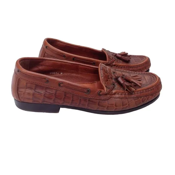 Johnston &amp; Murphy Sz 8.5 Brown Leather Men's Croc Loafers Tassels Italy Slip ons
