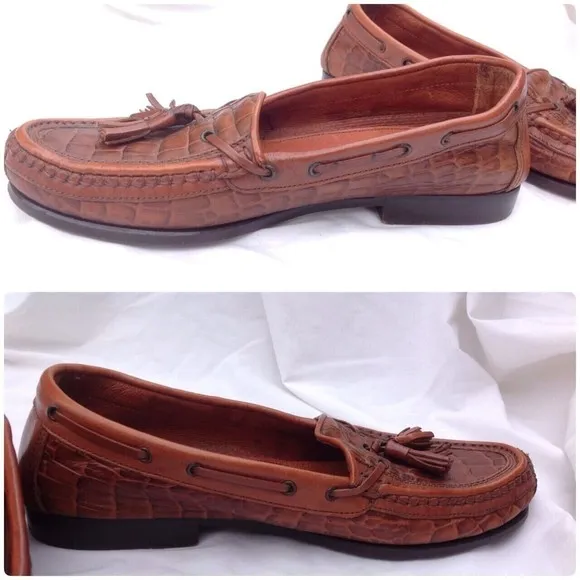 Johnston &amp; Murphy Sz 8.5 Brown Leather Men's Croc Loafers Tassels Italy Slip ons