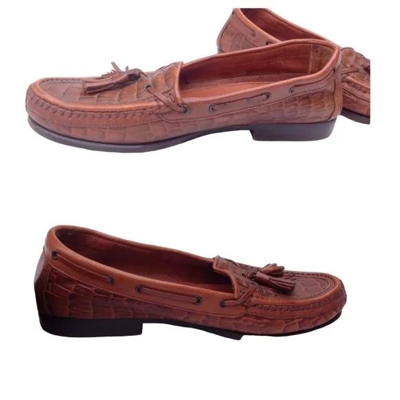 Johnston &amp; Murphy Sz 8.5 Brown Leather Men's Croc Loafers Tassels Italy Slip ons