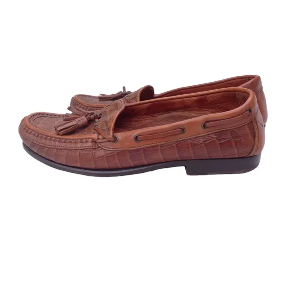 Johnston &amp; Murphy Sz 8.5 Brown Leather Men's Croc Loafers Tassels Italy Slip ons