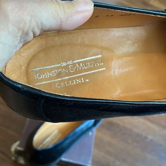 Johnston &amp; Murphy Cellini black leather slip on loafers with buckle detailing