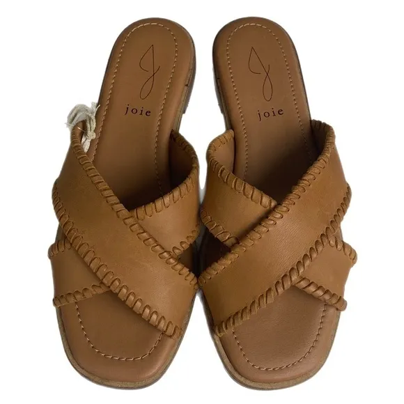 JOIE brown buttery soft leather slide sandals with whipstitch trim Size 8 NWT