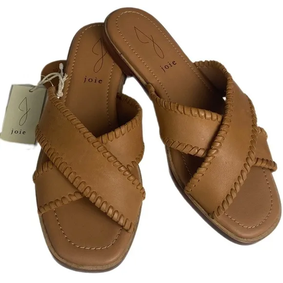 JOIE brown buttery soft leather slide sandals with whipstitch trim Size 8 NWT