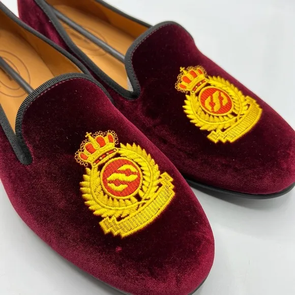 Journey West Sz 13 Velvet British Kings Crown Embroidered Slip On Loafers NEW
