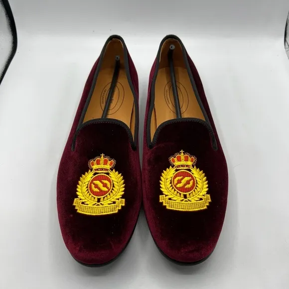 Journey West Sz 13 Velvet British Kings Crown Embroidered Slip On Loafers NEW