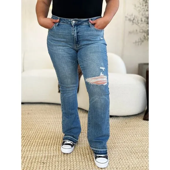 Judy Blue Full Size Mid Rise Destroyed Hem Distressed Medium Wash Denim Jeans