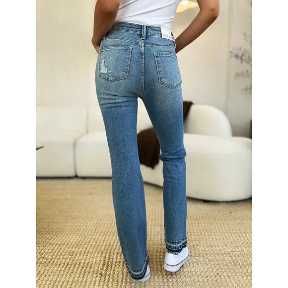 Judy Blue Full Size Mid Rise Destroyed Hem Distressed Medium Wash Denim Jeans