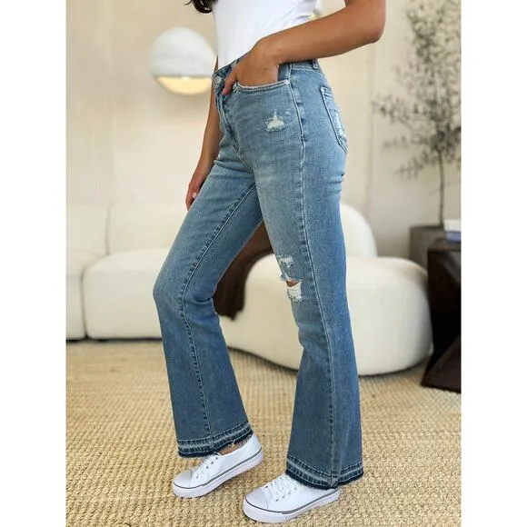 Judy Blue Full Size Mid Rise Destroyed Hem Distressed Medium Wash Denim Jeans