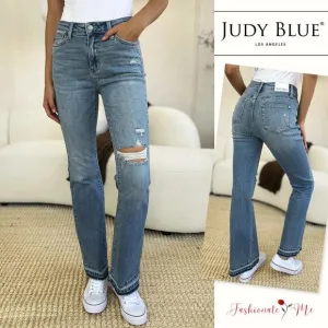Judy Blue Full Size Mid Rise Destroyed Hem Distressed Medium Wash Denim Jeans