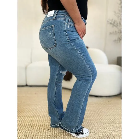 Judy Blue Full Size Mid Rise Destroyed Hem Distressed Medium Wash Denim Jeans