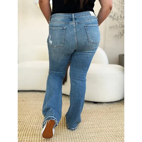 Judy Blue Full Size Mid Rise Destroyed Hem Distressed Medium Wash Denim Jeans