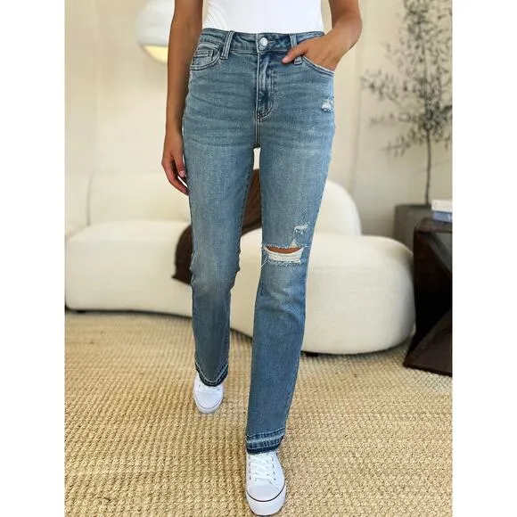 Judy Blue Full Size Mid Rise Destroyed Hem Distressed Medium Wash Denim Jeans