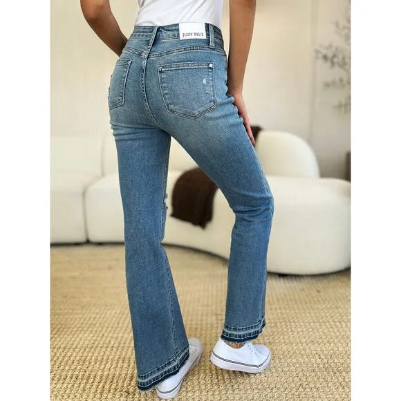 Judy Blue Full Size Mid Rise Destroyed Hem Distressed Medium Wash Denim Jeans