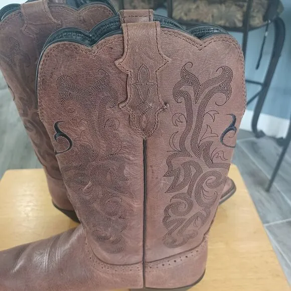 Justin Boots‎ Western  Brown Leather Embroidered Boots with Decorative Stitching
