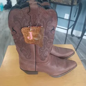 Justin Boots‎ Western  Brown Leather Embroidered Boots with Decorative Stitching
