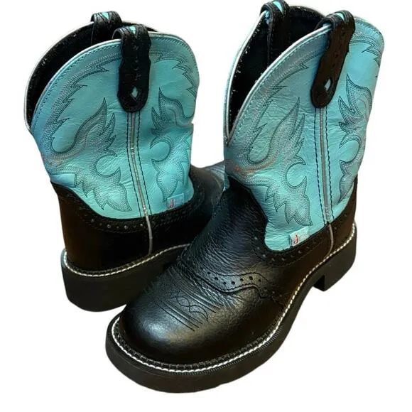 Justin Womens Gypsy Gemma 8 Inch Leather Cowboy Boots Black Turquoise 6.5 B