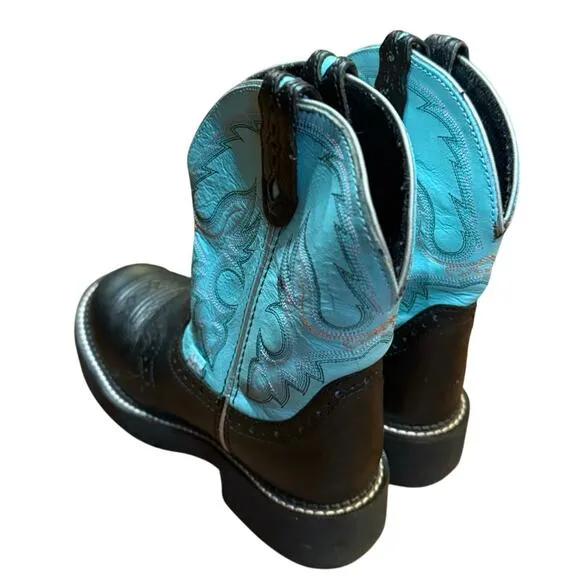 Justin Womens Gypsy Gemma 8 Inch Leather Cowboy Boots Black Turquoise 6.5 B