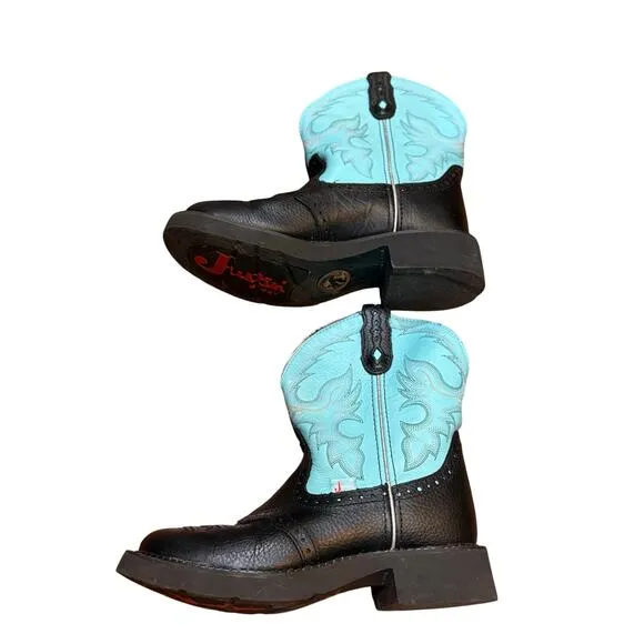 Justin Womens Gypsy Gemma 8 Inch Leather Cowboy Boots Black Turquoise 6.5 B