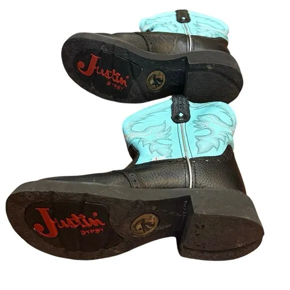 Justin Womens Gypsy Gemma 8 Inch Leather Cowboy Boots Black Turquoise 6.5 B