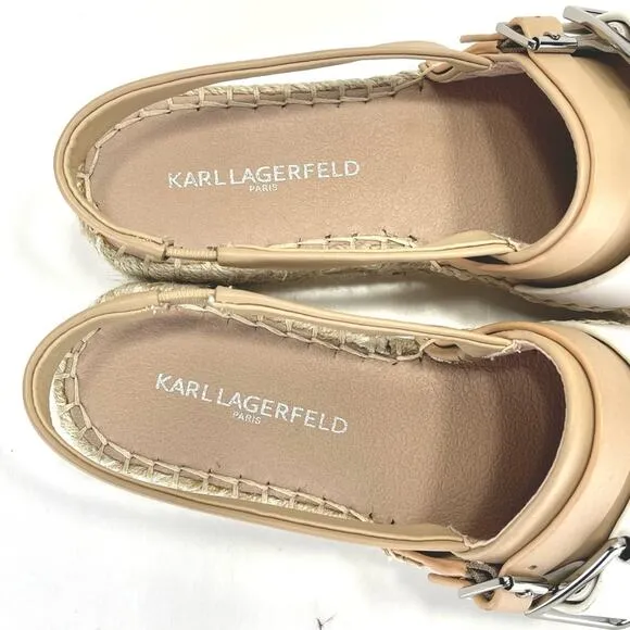 KARL LAGERFELD PARIS “ALEXI” TAN &amp; WHITE LEATHER COVERED TOES SLINGBACK SANDAL🆕