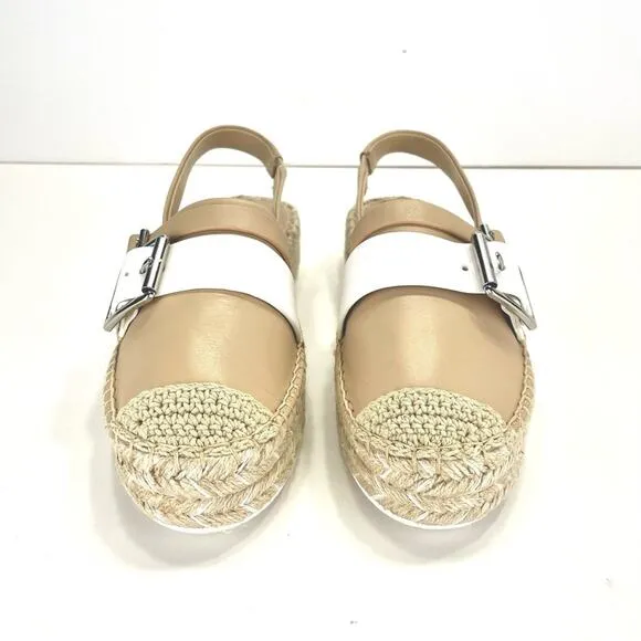KARL LAGERFELD PARIS “ALEXI” TAN &amp; WHITE LEATHER COVERED TOES SLINGBACK SANDAL🆕