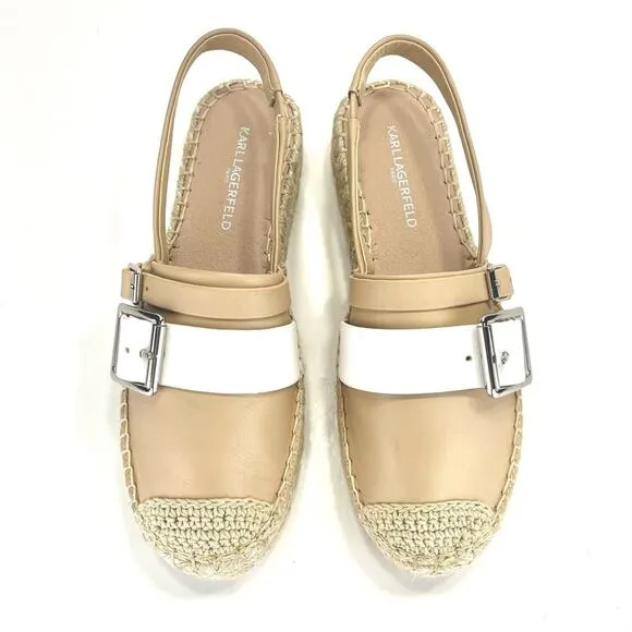 KARL LAGERFELD PARIS “ALEXI” TAN &amp; WHITE LEATHER COVERED TOES SLINGBACK SANDAL🆕