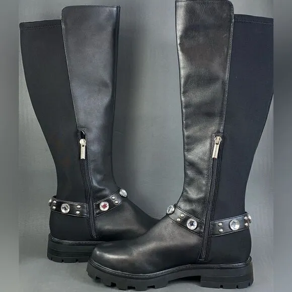 KARL LAGERFELD PARIS, Milla Rhinestone Embellished Leather riding boots size