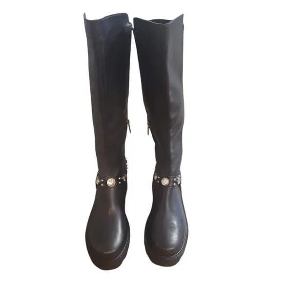KARL LAGERFELD Rhinestone Embellished Tall Leather/Neoprene Lug Sole Riding Boot