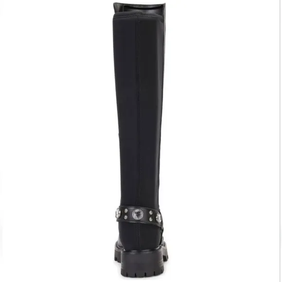 KARL LAGERFELD Rhinestone Embellished Tall Leather/Neoprene Lug Sole Riding Boot