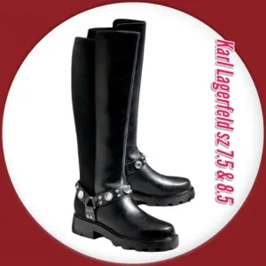 KARL LAGERFELD Rhinestone Embellished Tall Leather/Neoprene Lug Sole Riding Boot